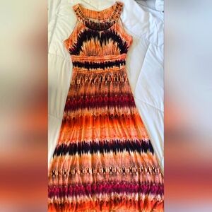 Bright Orange and Blue Tie-Dye Long Beaded Sleeveless Summer Dress Size M